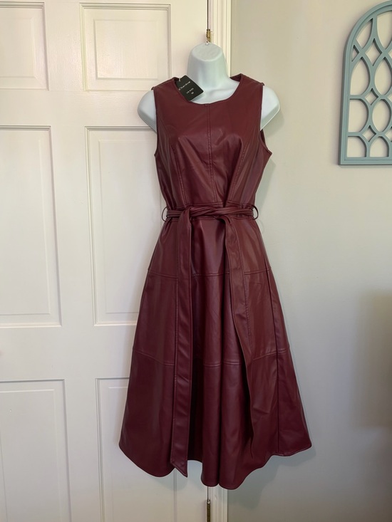 Chartou Dresses & Skirts - Sleeveless Faux Leather Midi Dress in Burgundy with Self-Tie Waist